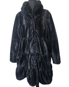 Dennis Basso Faux Fur Coat L Black Crushed Velvet Tiered Long Overcoat Witchy - Picture 1 of 12