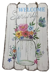 Spring Welcome Sign Floral Butterfly Picket Fence Mason Jar 13.5” X 8.75” - Picture 1 of 2