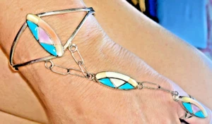 Vintage Zuni Hand Made Sterling Silver Inlaid Slave Bracelet & Ring-Native Am. - Picture 1 of 24