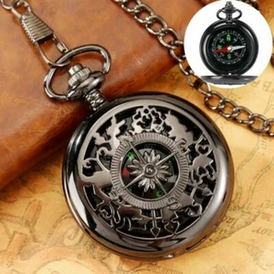 Steampunk Hollow Out Alloy Case Creative Men Pocket Compass with Pendant Chain - Picture 1 of 16