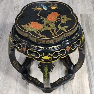 Vintage Chinese Asian Oriental Black Lacquer Wood Round Side End Table Stool - Picture 1 of 24