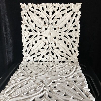 "2 COLGANTES DE PARED PANELES DE MADERA MDF TALLADOS RÚSTICOS FLORAL Blanco Granja Chic 15""" Foto 1 de 4