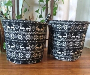 2 Hallmark Black White Reindeer Snowflake Round Bins Storage Tote Baskets - Picture 1 of 12
