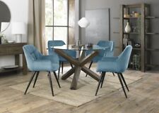 Turin Glass 4 Seater Table - Dark Oak Legs & 4 Dali Petrol Blue Velvet Chairs