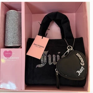 NIB JUICY COUTURE BLACK BIG SPENDER 3 PIECE SET MINI TOTE HEART KEY FOB - Picture 1 of 6