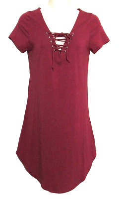 Red Short T-Shirt Dress Juniors L Lace Up Stretch Heart & Hips Beach Travel Boho - Image 1 of 4