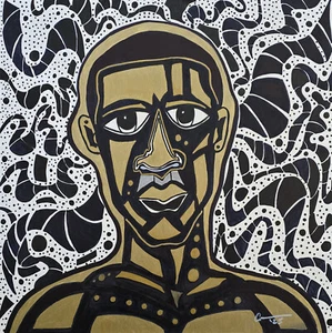 'Vibration (Man)' 24x24 Original Painting on Wood, Bright, Gold, Black - Picture 1 of 3