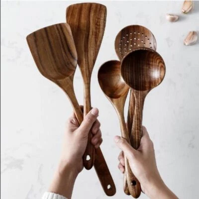 Thai Teak natural wood tableware set spoon kitchen tool cooking coop Colander  - Image 1 of 4