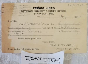 1912 PC FRISCO LINES FORT WORTH TEXAS RAILROAD WYNNE - Picture 1 of 2