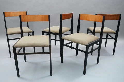 5x Dining Room Chair Lübke Um 1973 Wood Black + Nature With Padded 3.IVI Cover