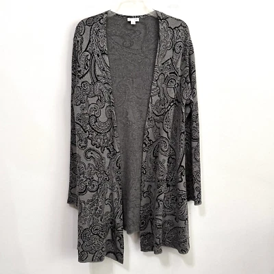 J Jill Open Front Cardigan S Gray Paisley Long Sleeve Knit Casual Travel Duster - Image 1 of 4