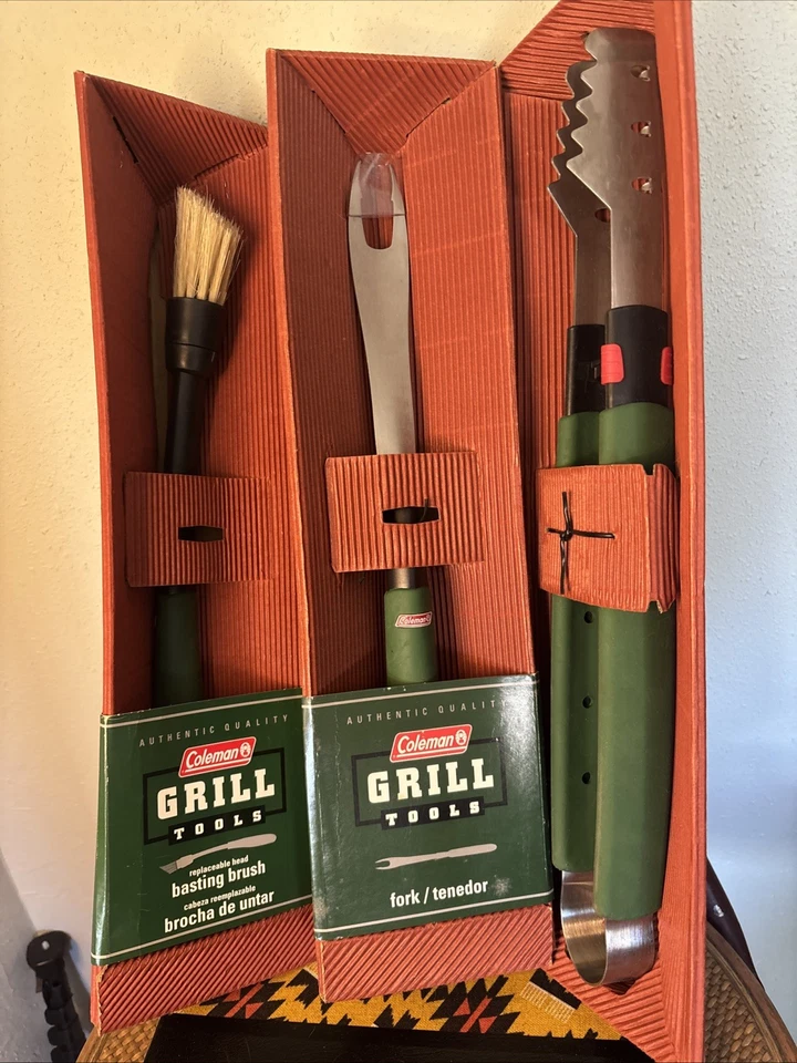 Vintage Coleman BBQ Grill Tools 3 Pc.  Set Green Tongs, Fork, Brush New - Image 1 of 1