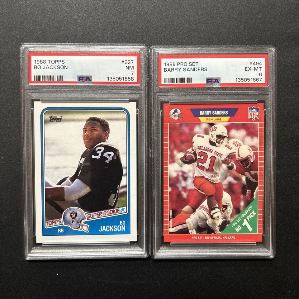 Bo Jackson 1988 Topps PSA 7 + Barry Sanders 1989 Pro Set PSA 6 HOF RC Lot Nice!! - Image 1 of 4