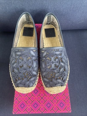 Authentic Tory Burch Navy Espadrilles Leather/Embroidered Excellent Condition S6 - Image 1 of 4