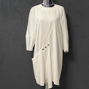 Tibi Dress Womens 8 White Asymmetric Silver Snap Pocket Balloon Sleeve Lagenlook - Picture 1 of 10
