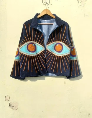 Jaqueta Suzani azul indiana olhos grandes feita à mão jaqueta de veludo roupas femininas EUA - Imagem 1 de 4