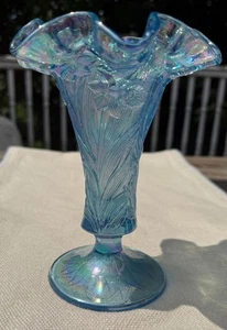Vintage Fenton Art Glass Misty Blue Satin Iridescent Daffodil Flower Vase - Picture 1 of 8