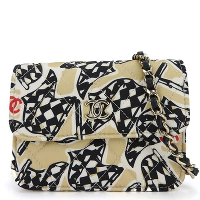 USED CHANEL Shoulder Bag Mini-minimatrasse canvas/leather beige beige Checke... - Image 1 of 4