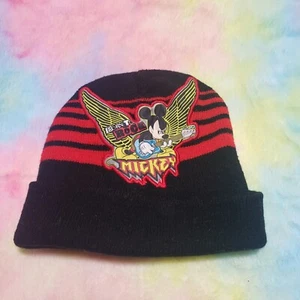 Mickey Mouse Born To Rock Beanie Winter Hat Black Red Boys S / M Knit Disney - Picture 1 of 8
