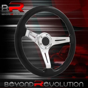 Black Wood 350mm Chrome Deep Dish 3 Spoke Heavy Duty Steel Steering Wheel+Button - Picture 1 of 4