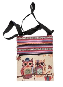 Vintage Eulen Beuteltasche Gobelin Umhängetasche Handtasche Tasche Vogelmuster Boho Hippie 2 Reißverschlüsse 8 x 9,5 Zoll - Bild 1 von 5