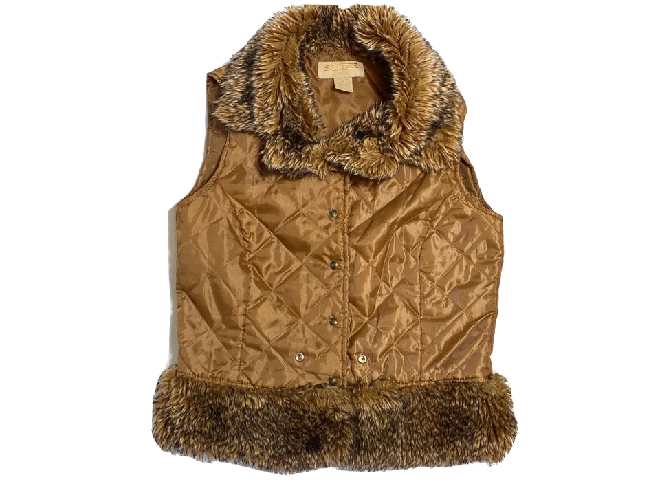 Squeeze Jeans Vintage Brown Y2k Vest 90s Size Medium Brown Quilted Faux Fur - Image 1 of 4