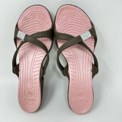 Crocs Cyprus Slip on Heel Sandals Comfort Chocolate Brown Cotton Candy Pink W10 - Image 1 of 4