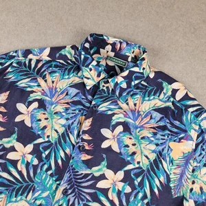 Cubavera Shirt Mens Medium Navy Blue Floral Viscose Button Up Hawaiian Tropical - Picture 1 of 11