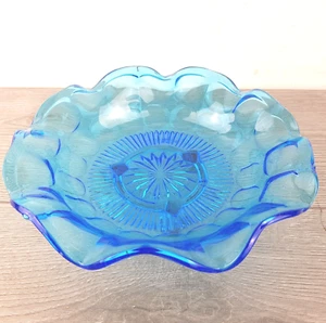 Antique Glass Serving Plate on 3 Legs Pressed c/ 1930s Ruffled Edge Retro Blue - Picture 1 of 10