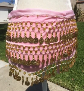 Pink Velvet Belly Dancing Hip Scarf with Gold Coins - Picture 1 of 3