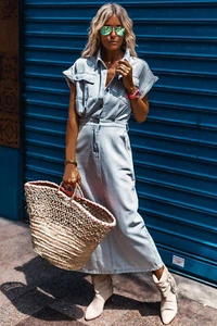 Nuevo Maxi Vestido de Mujer Azul De Gran Tamaño Botones Frontales Mangas Cortas Denim. - Imagen 1 de 5