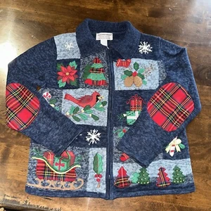 Tiara International Sweater Womens Small Blue Christmas Cardinals Zip Cardigan - Picture 1 of 16