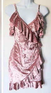 MISSGUIDED Size 10 BNWT Blush Pink Wrap Dress Velvet Style Cold Shoulder Frilled - Picture 1 of 14