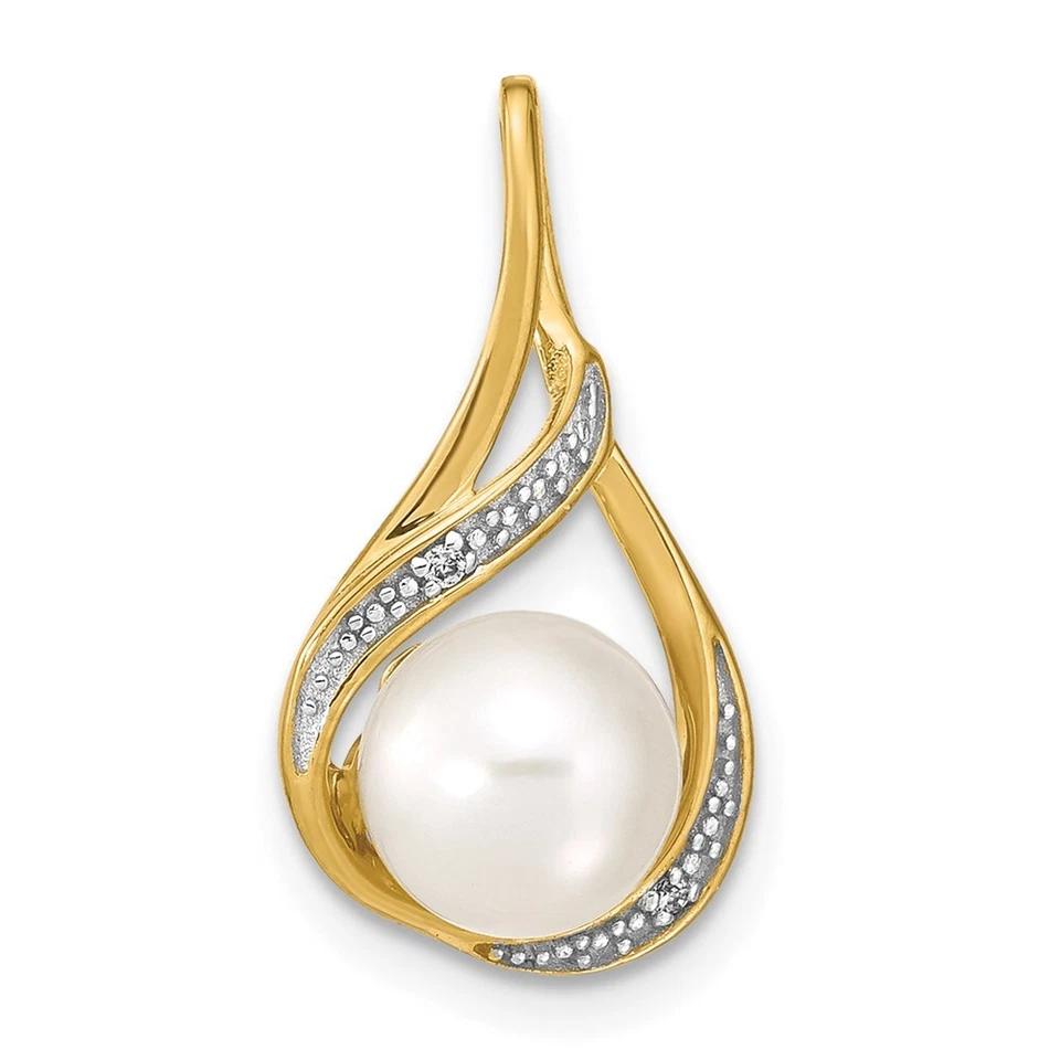 14k Yellow Gold 7-8mm White Round FW Cultured Pearl and Diamond Pendant for Mom - Image 1 of 4