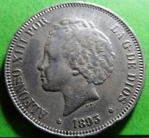 Scarce ALFONSO XIII 5 Pesetas 1893 Stars 18 - 93 PG-V Silver SPAIN - Picture 1 of 2