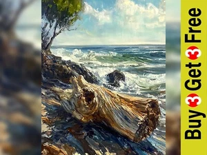Coastal Driftwood Scene 10"x8" Print on Matte Paper | Tranquil Ocean Painting - Picture 1 of 15