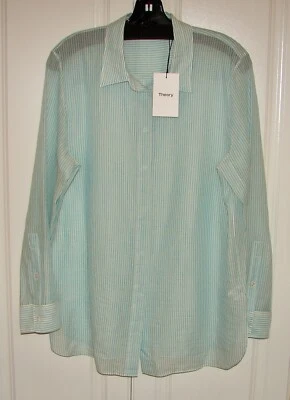 全新带标签 Theory sz 大号蓝绿色多条纹经典直筒轻便棉质衬衫  — 第 1/4 张图片