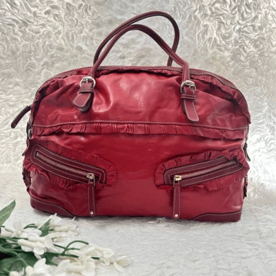 GUCCI Red Leather Vintage Sabrina Top Handle Handbag Tote Ruffle Details - Image 1 of 4