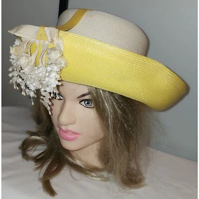 Vintage 50s 60s Jack McConnell Yellow White Straw Floral Designer Hat 21 inches - Image 1 of 4