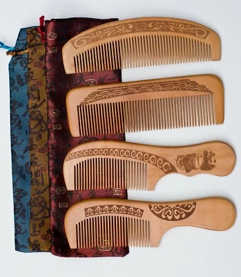 2 PCS Natural Peach Wood Tooth Comb Handmade Anti Static Comb & Pouch Gift Set - Image 1 of 3