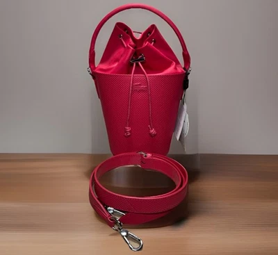 LACOSTE Bucket Bag Tango Red Chantaco Small Piqué Leather (NEW) - Image 1 of 4