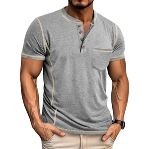 Men’s Henley Shirts Short Sleeve Casual Button Basic Tee Shirts Summer Lightw... - Picture 1 of 5