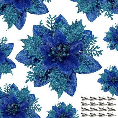 15 PIEZAS Flores de Pascua Azul Brillo con Clips para Decoración de Vacaciones Foto 1 de 4