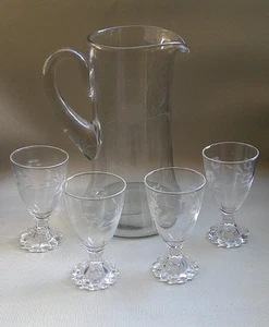 Vintage MCM geätztes Glas Krug & Kelch Set - Kugel - Fußgläser - Blumen - Bild 1 von 2