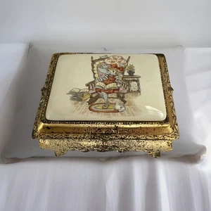 Schmuckkästchen Stechpalme Hobbie Schmuck klein Fuß Klappdeckel goldfarben Vintage - Bild 1 von 14