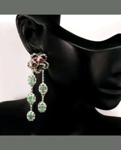 Tolle, unbehandelte Smaragd, Saphir & Turmalin Blumen Ohrringe massiv Sterling - Bild 1 von 4
