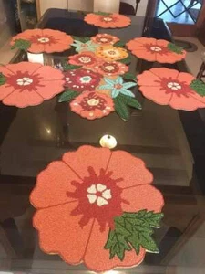 Multicolor Beaded Floral Dining Set With 1 Table Runner 6 Placemat And 6 Coaster - Picture 1 of 10