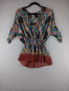 BISOU BISOU Top Women's Size Large Sheer Tunic Vibrant colorful Side Ties EUC - Picture 1 of 6