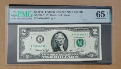 1976* Boston* $2 FRN STAR/ REPLACEMENT 🌟 PMG 65 EPQ Gem UNC trinary fancy # - Image 1 of 2