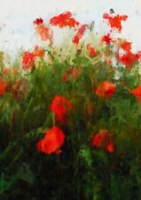 Red poppy field, Oil painting, flower artwork, Wall art print, 5" x 7"
